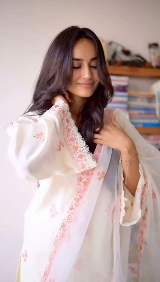 Elegance White Chanderi Embroidered Suit Set