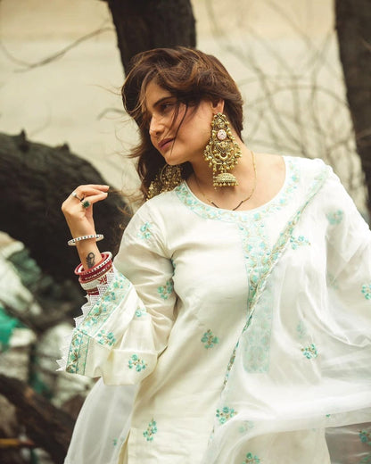 Elegance White Chanderi Embroidered Suit Set