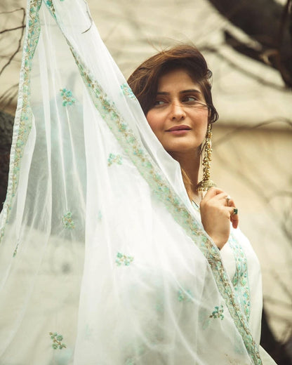 Elegance White Chanderi Embroidered Suit Set