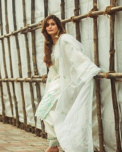 Elegance White Chanderi Embroidered Suit Set