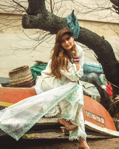 Elegance White Chanderi Embroidered Suit Set