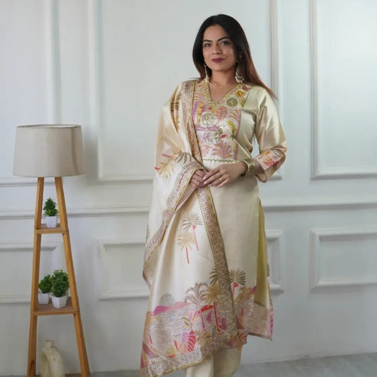 Grace Beige Silk Handworked Suit Set