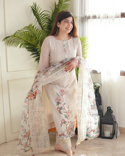Off-White Lilen Printed Suit Set