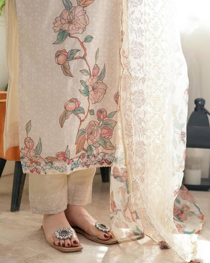 Off-White Lilen Printed Suit Set