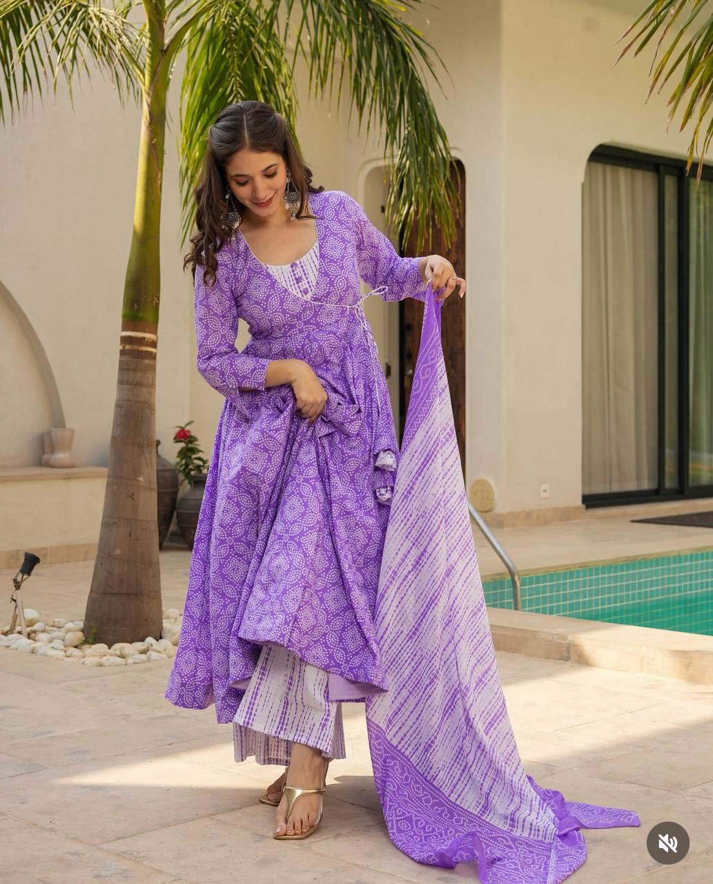 Anarkali Kurta Set Printed Cotton Kurta, Pant & Dupatta