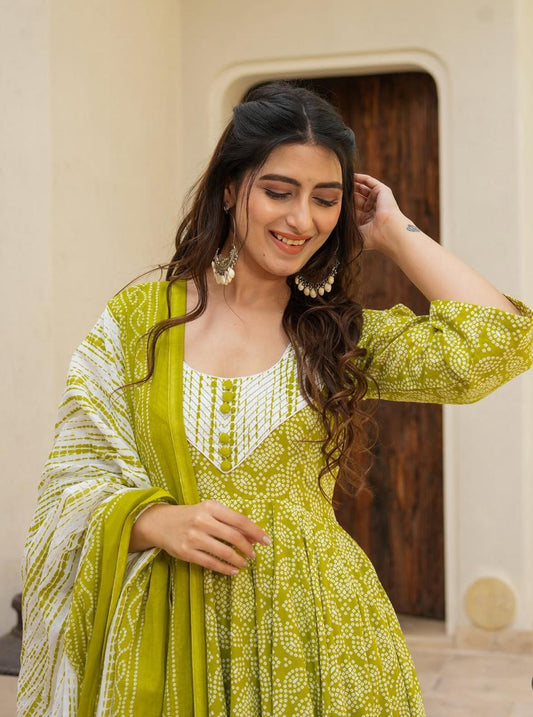 Anarkali Kurta Set Printed Cotton Kurta, Pant & Dupatta