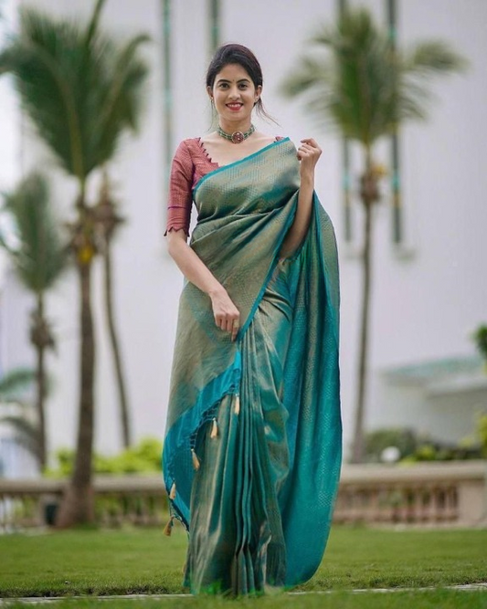 Teal Blue Soft Lichi Silk Saree With Jacquard Work