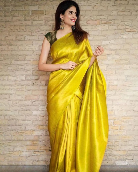 Elegant Gold Yellow Soft Lichi Silk Saree