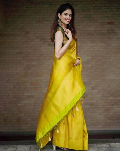 Elegant Gold Yellow Soft Lichi Silk Saree