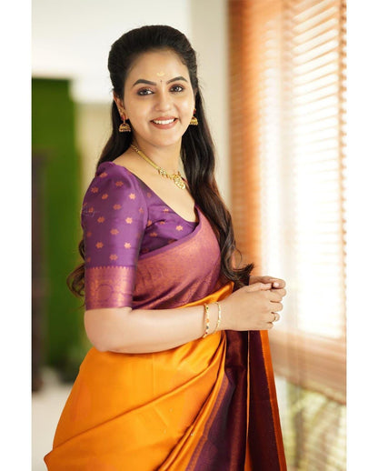 Yellow & Purple Soft Lichi Silk Saree