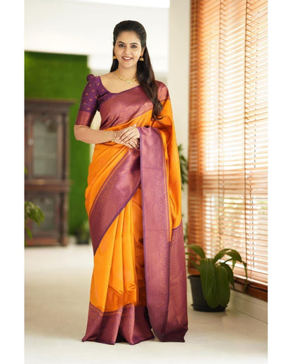 Yellow & Purple Soft Lichi Silk Saree