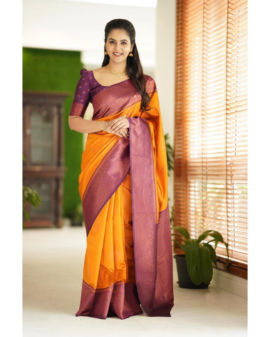 Yellow & Purple Soft Lichi Silk Saree