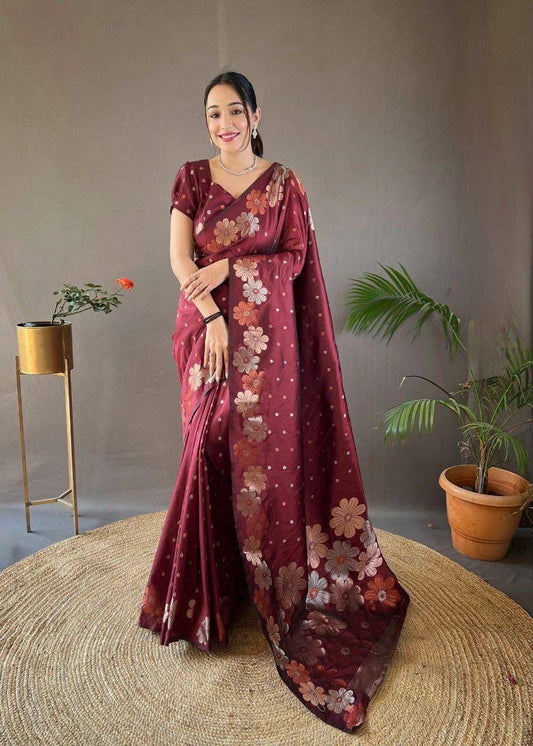 Maroon Floral Flower Printed Zari Soft Lichi Silk Saree