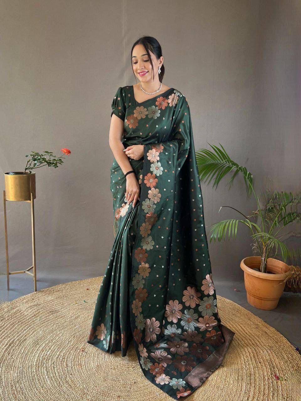 Bottle Green Floral Flower Printed Zari Soft Lichi Silk Saree