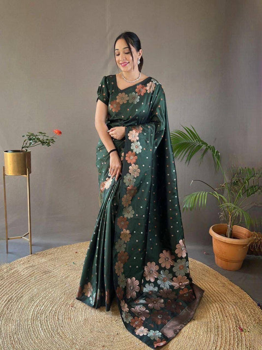 Bottle Green Floral Flower Printed Zari Soft Lichi Silk Saree