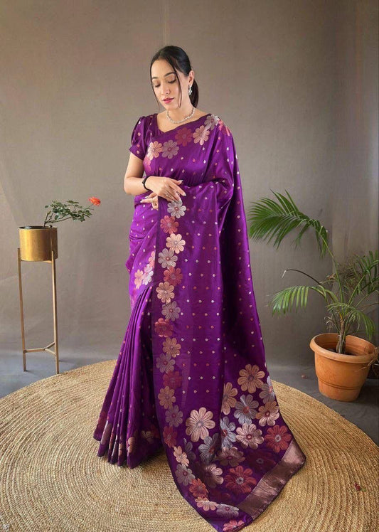 Purple Floral Flower Printed Zari Soft Lichi Silk Saree