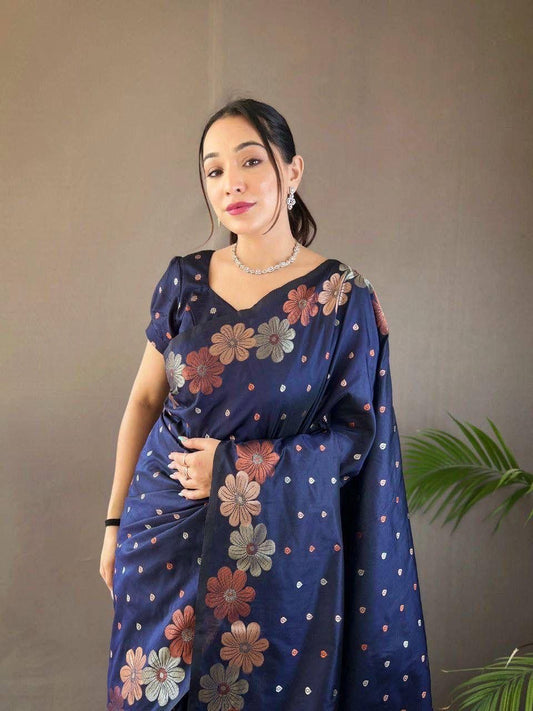 Navy Blue Floral Flower Printed Zari Soft Lichi Silk Saree