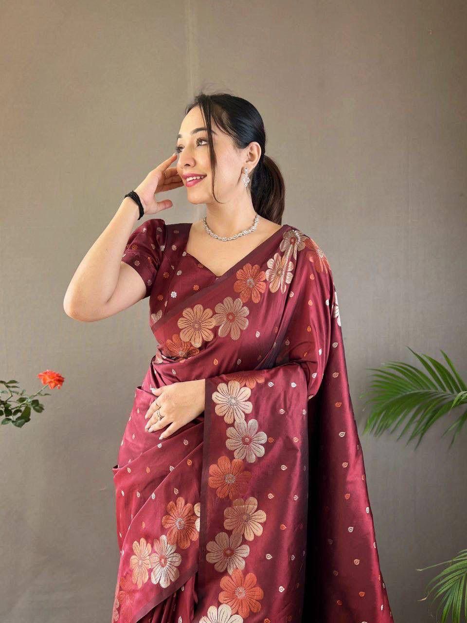 Maroon Floral Flower Printed Zari Soft Lichi Silk Saree