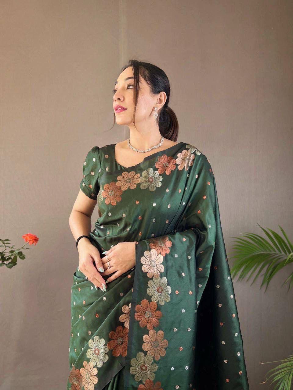 Bottle Green Floral Flower Printed Zari Soft Lichi Silk Saree