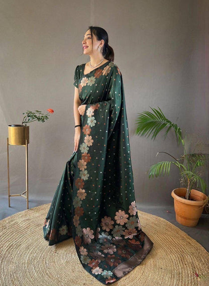 Bottle Green Floral Flower Printed Zari Soft Lichi Silk Saree