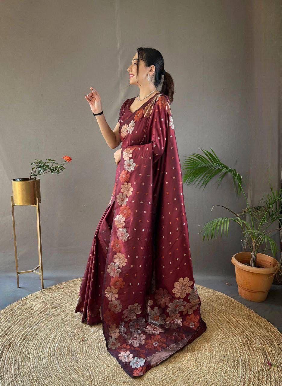 Maroon Floral Flower Printed Zari Soft Lichi Silk Saree