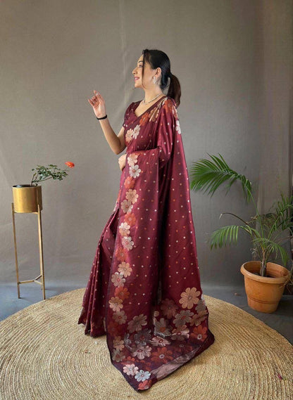 Maroon Floral Flower Printed Zari Soft Lichi Silk Saree