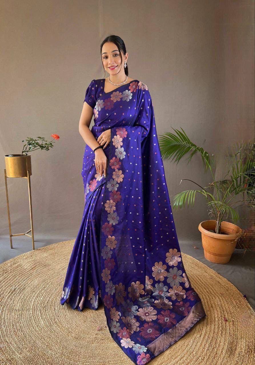 Blue Floral Flower Printed Zari Soft Lichi Silk Saree