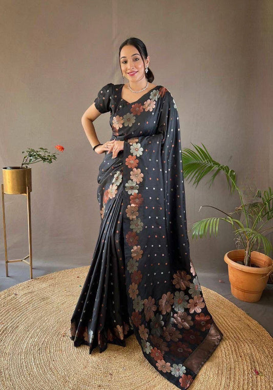 Grey Floral Flower Printed Zari Soft Lichi Silk Saree