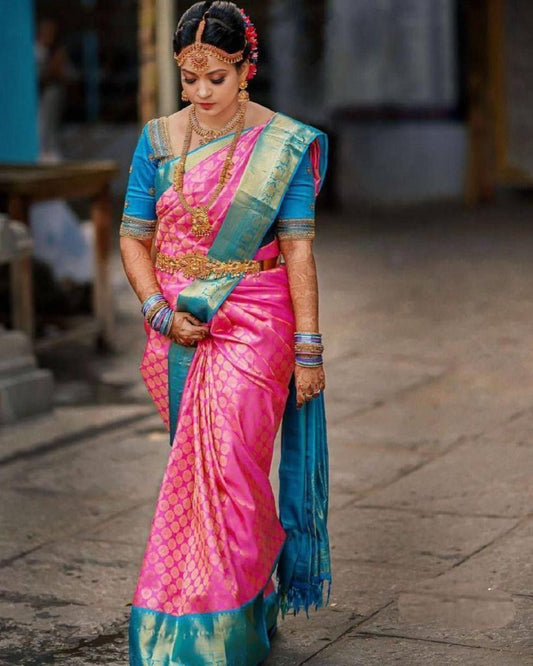 Pink & Blue Kanchan Lichi Weaves Soft Lichi Silk Saree