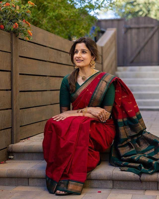 Red & Green Premium Soft Lichi Silk Saree