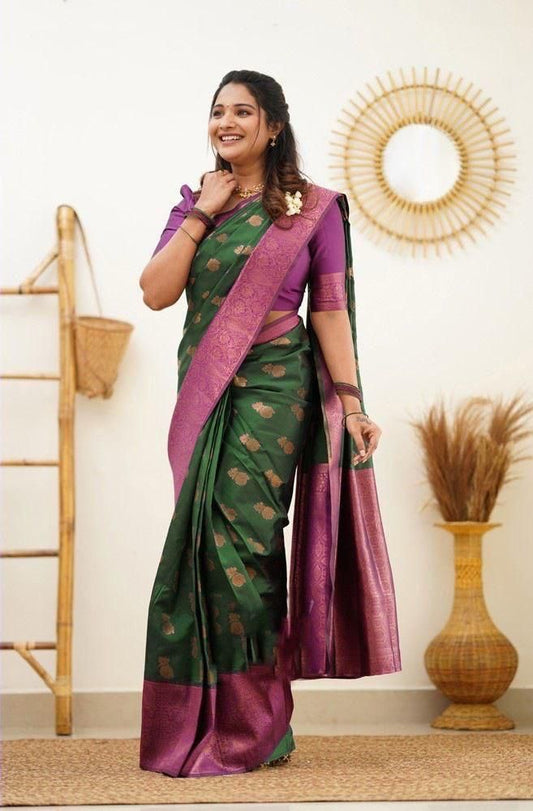 Green & Purple Soft Lichi Silk Saree With  Jacquard Blouse Piece