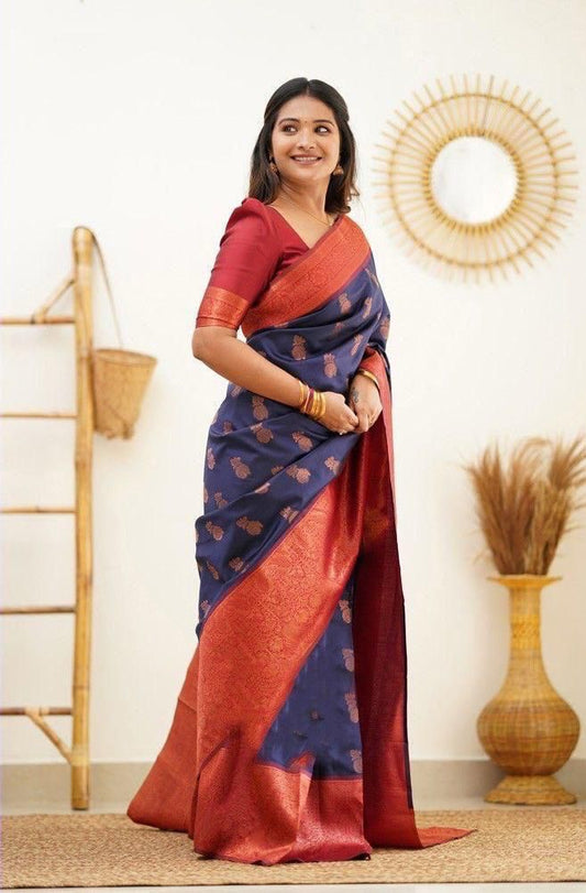 Navy Blue Latest Soft Lichi Silk Saree with Red Color Blouse and Copper Work