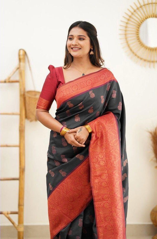 Beautiful Red & Black Soft Litchi Silk Saree With Jacquard Work