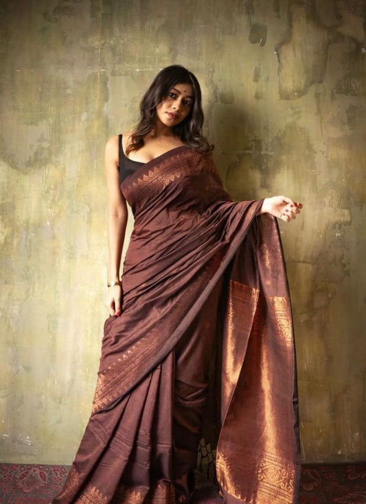 Blooming Brown Soft Silk Saree With Jacquard Blouse Piece