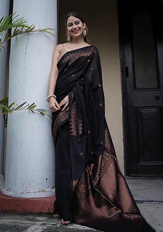Marvellous Black Soft Lichi Silk Saree With  Jacquard Blouse Piece