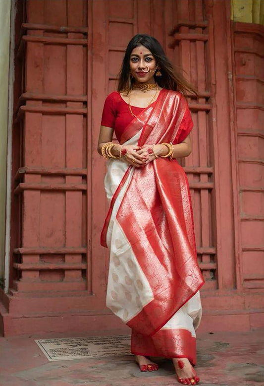 White & Red Rich Pallu Lichi Silk Saree