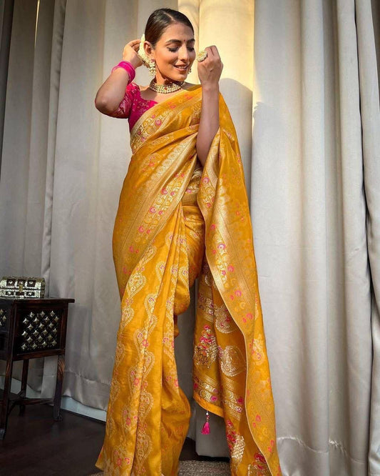 Yellow Regal Weaves Soft Lichi Silk Saree