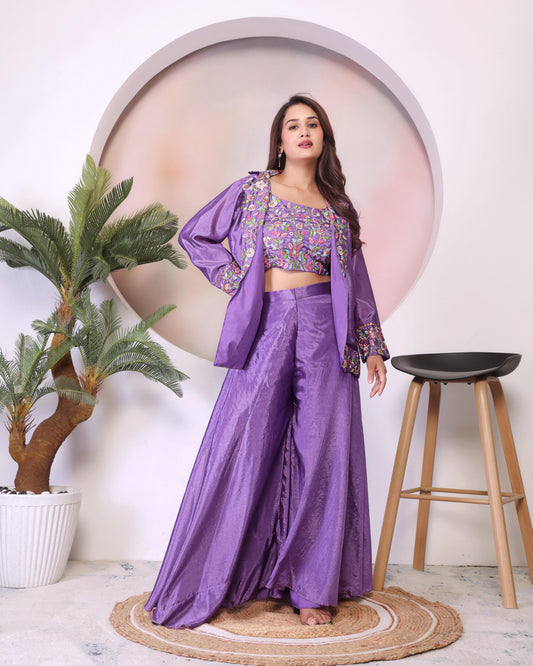 Lavender Embroidered Co-ord Set three-piece co-ord set