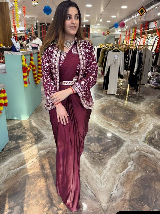 Super Trending Ready-to-Wear Embroidered Saree with Full Jacket & Belt – Effortless Glamour