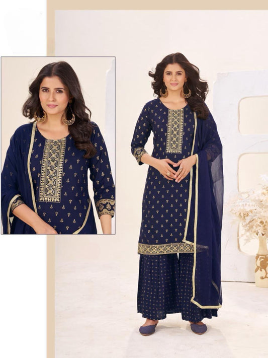 New Beutiful Rayon Print With Embroidery Work Top Plazo With Duptta