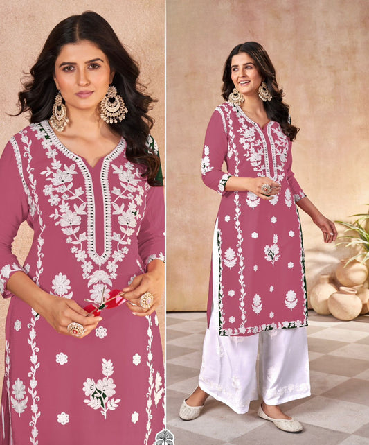 Trending Heavy Embroidery Work Long Kurti with Plazzo