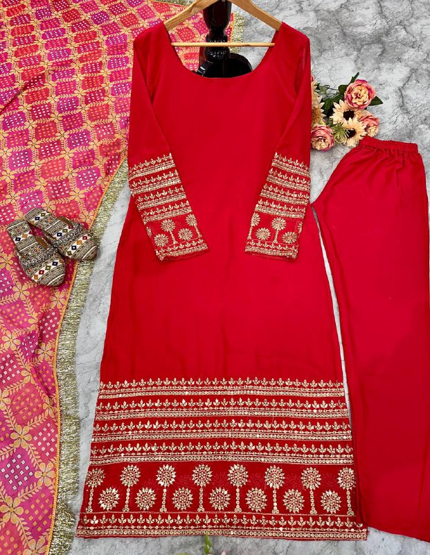 Red Embroidered Suit Set with Patola Dupatt