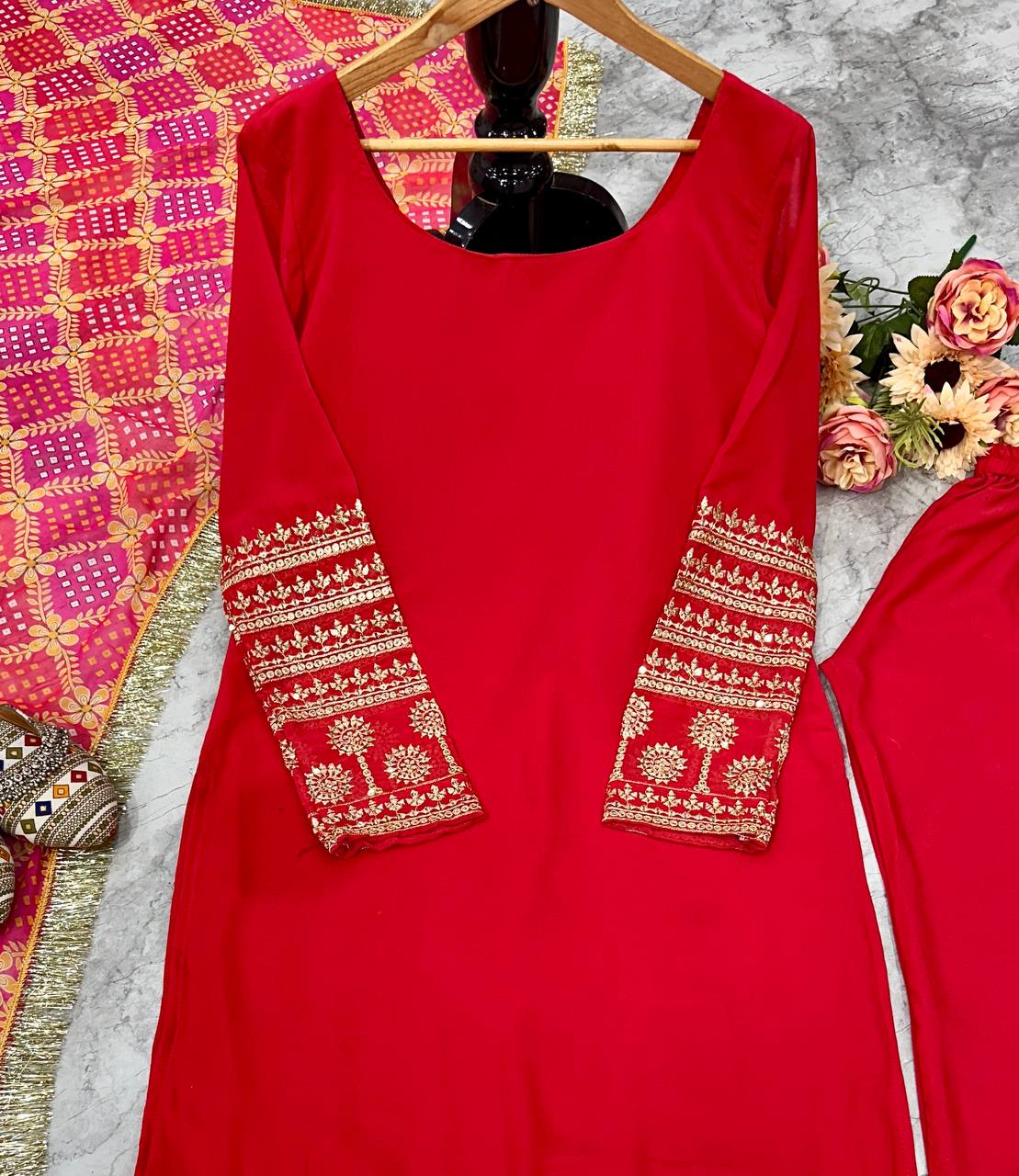 Red Embroidered Suit Set with Patola Dupatt