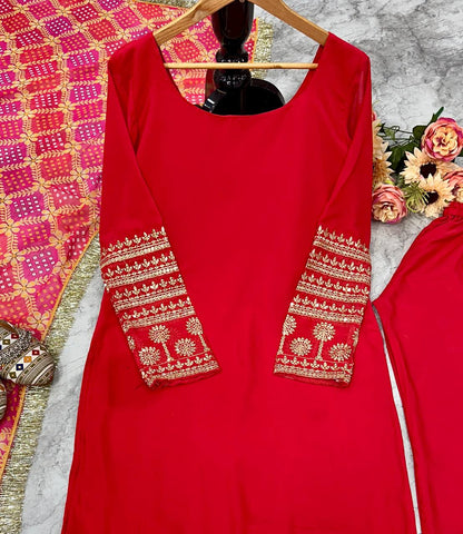 Red Embroidered Suit Set with Patola Dupatt