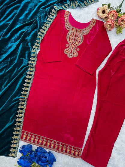 Rani Pink Heavy Viscose Velvet Embroidery Work Suit Set