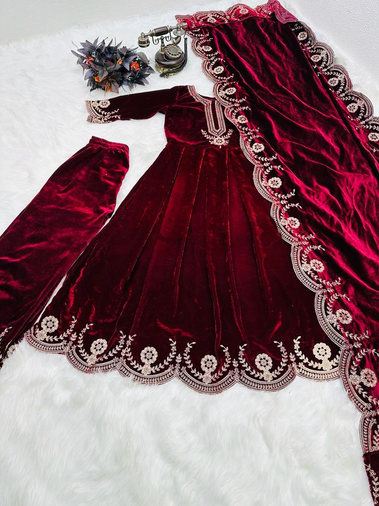 MAROON VELVET EMBROIDERY PAKISTANI ANARKALI SALWAR SUIT