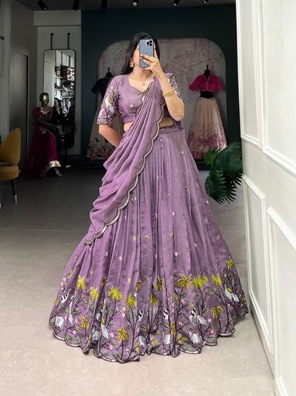 NEW TENDY LAVENDER COLOR VICHITRA SILK EMBROIDERED WORK LEHENGA CHOLI