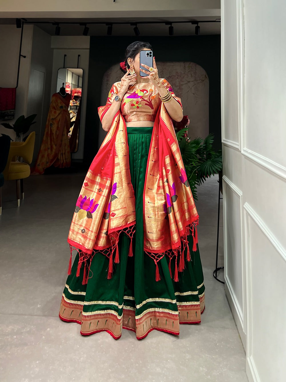 FANCY RED & GREEN VICHITRA SILK LEHENGA CHOLI