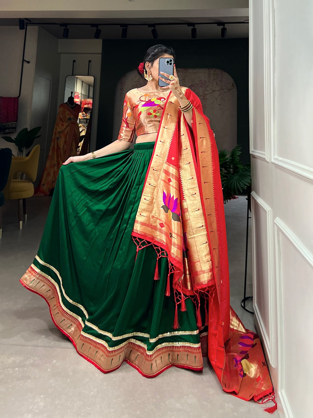 FANCY RED & GREEN VICHITRA SILK LEHENGA CHOLI