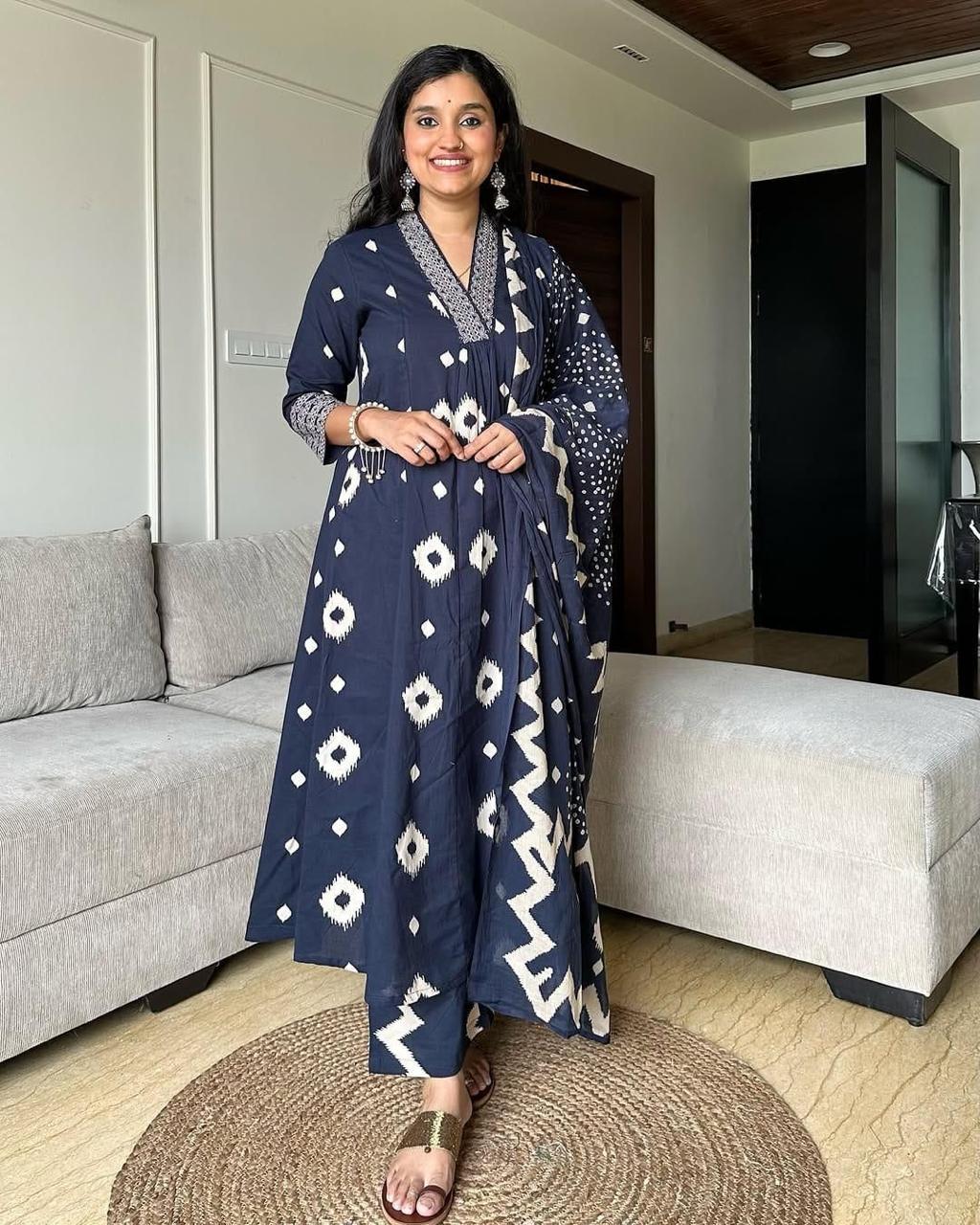 Premium Discharge Cotton 3-Piece Set with Handwork